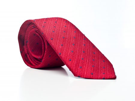 Krawat czerwony w granatowe groszki