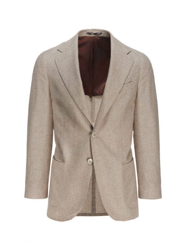 Balamonte – beżowa marynarka z kratką, z przodu, dwa guziki, kieszenie z patkami.