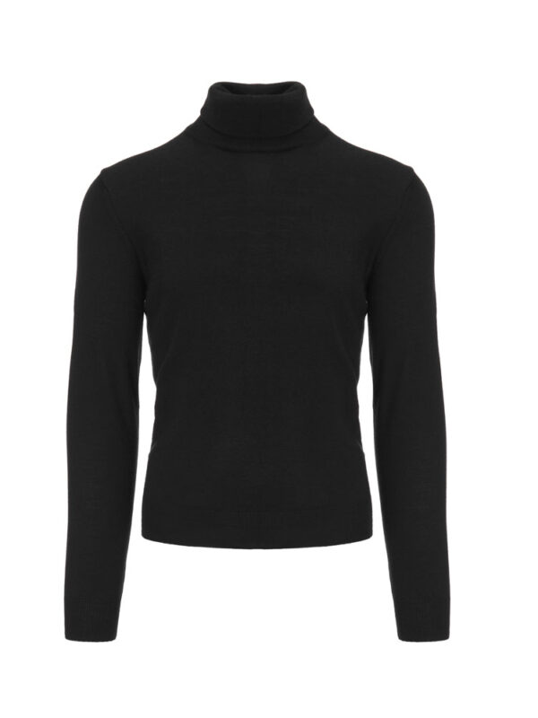 Czarny golf Balamonte – klasyczny fason z wywijanym kołnierzem, subtelny ściągacz w pasie i na rękawach