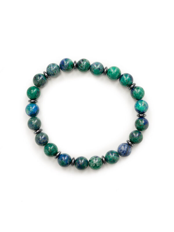 Bransoletka z chryzokoli Balamonte – widok pod kątem ukazujący wyjątkową kolorystykę i eleganckie przekładki