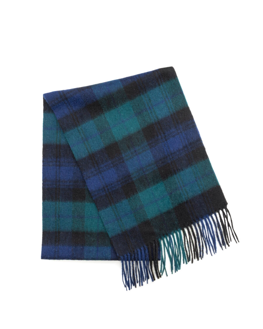 Navy blue and green check wool scarf